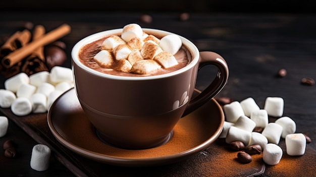 Una tazza di cioccolata calda con panna montata e marshmallow