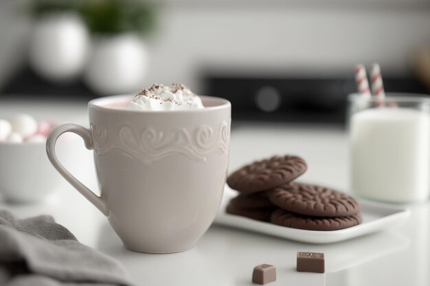 Una tazza di cioccolata calda per uno su un tavolo bianco con biscotti al cioccolato