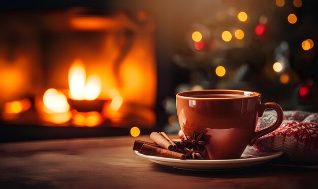 Una tazza di cioccolato caldo con cannella e anice su un tavolo di legno davanti a un camino