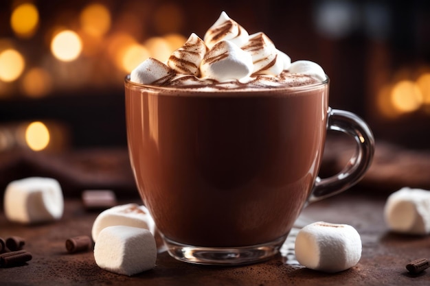 una tazza di cioccolato caldo con uno sfondo sfocato di marshmallow