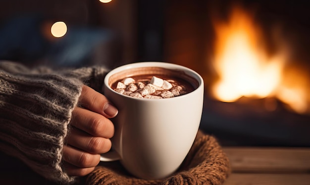 Una tazza di cioccolato caldo o caffè accanto al camino di Natale La donna si rilassa accanto al fuoco caldo con una tazza di