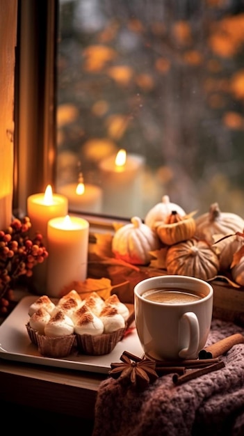 una tazza di cioccolato caldo si trova accanto alla finestra in autunno tra le zucche