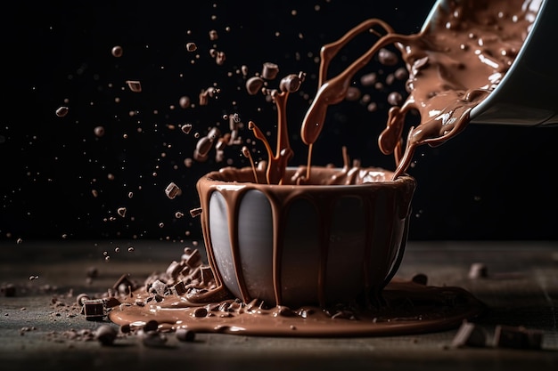 Una tazza di cioccolato con un cucchiaio che lo versa dentro