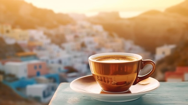 una tazza di delizioso caffè e su uno sfondo sfocato