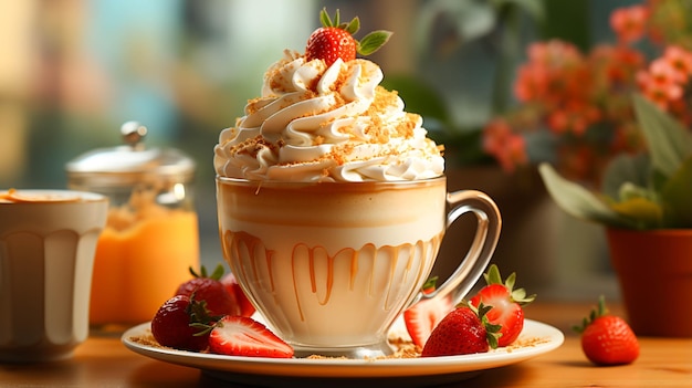 Una tazza di dessert con fragole panna montata su sfondo di colore arancione