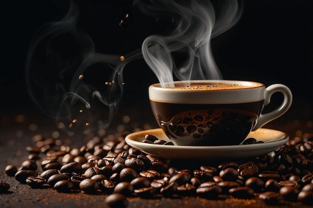 Una tazza di espresso al vapore con chicchi di caffè
