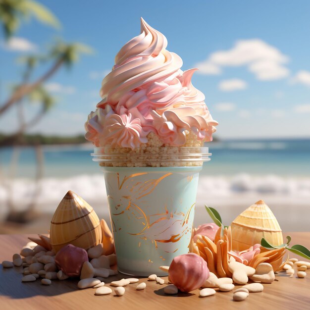 una tazza di gelato con una scena sulla spiaggia sullo sfondo.