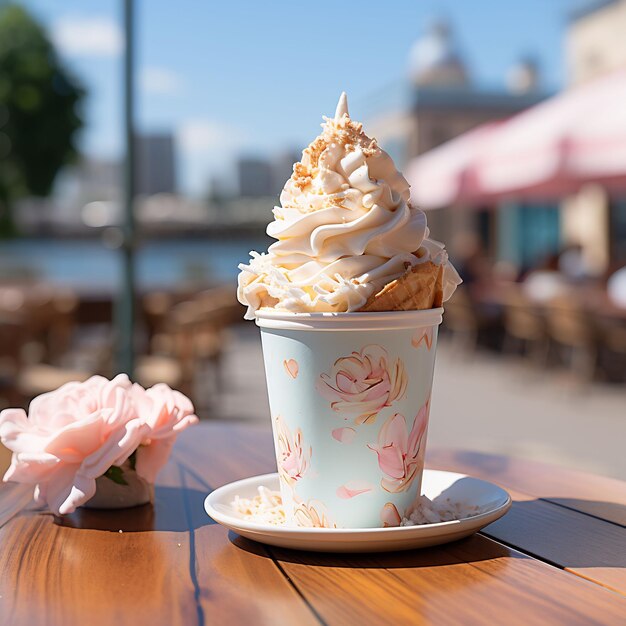 una tazza di gelato si trova su un tavolo accanto a una tazza fiorita.