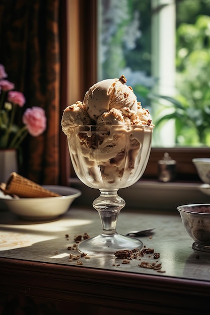 una tazza di gelato sul piano di lavoro della cucina accanto a una finestra