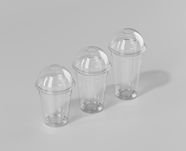Una tazza di ghiaccio usa e getta trasparente realistica, mockup di tazza di plastica con coperchio