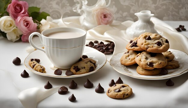 una tazza di latte accanto a un piatto di biscotti e una tazzina di latte