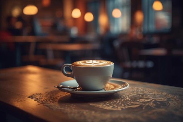 Una tazza di latte art si trova su un tavolo in un bar.