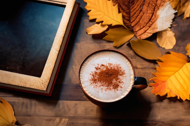 Una tazza di latte con disegno spruzzato accanto a un vecchio libro su un tavolo di legno e foglie d'autunno