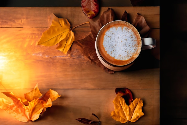 Una tazza di latte con disegno spruzzato accanto a un vecchio libro su un tavolo di legno e foglie d'autunno