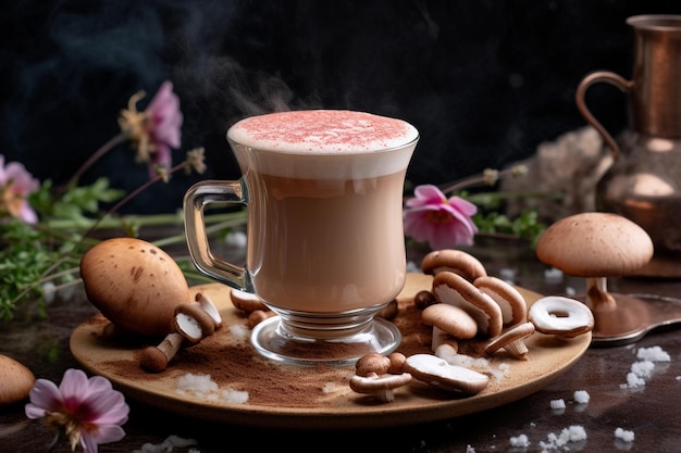 Una tazza di latte con un biscotto al cioccolato e biscotti su un piatto