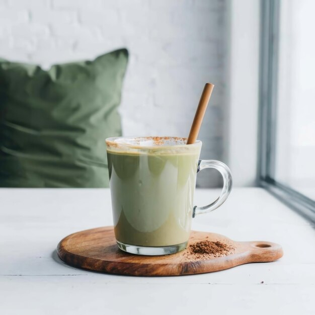 Una tazza di latte matcha caldo sul tavolo di legno