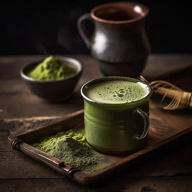 Una tazza di latte matcha si trova su un vassoio di legno accanto a una tazza di polvere di matcha.