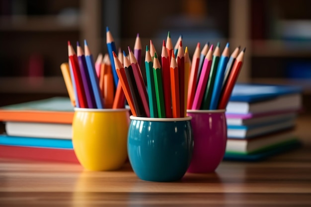 Una tazza di matite colorate su un tavolo con altre matite colorati