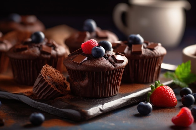 Una tazza di muffin al cioccolato con sopra un mirtillo