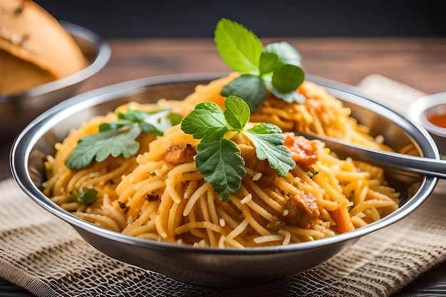 Una tazza di pasta con foglie di menta e una tazza di prezzemolo.