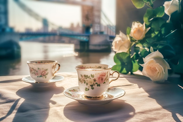 Una tazza di porcellana con piattino da un servizio inglese con tè appena preparato su una tovaglia di lino bianco con rosa