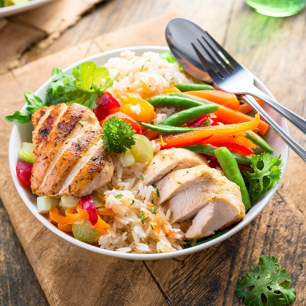 Una tazza di pranzo sana con riso di pollo alla griglia e verdure