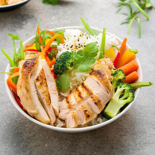 Una tazza di pranzo sana con riso di pollo alla griglia e verdure