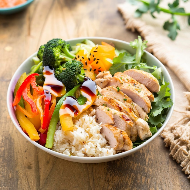 Una tazza di pranzo sana con riso di pollo alla griglia e verdure