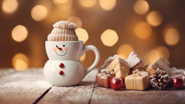 Una tazza di pupazzo di neve si trova accanto a una pila di cioccolatini e un albero di Natale.