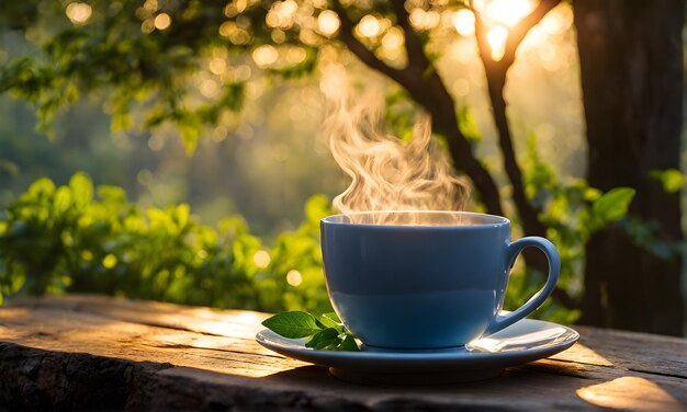 Una tazza di tè al vapore al mattino presto