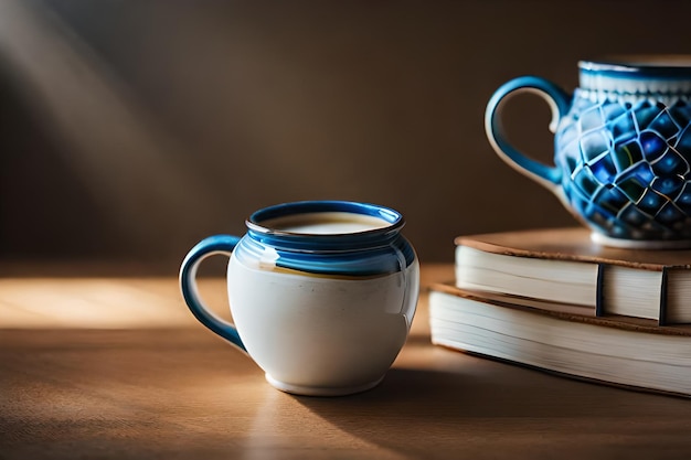 una tazza di tè blu e bianca e un libro con un fiore blu su di esso