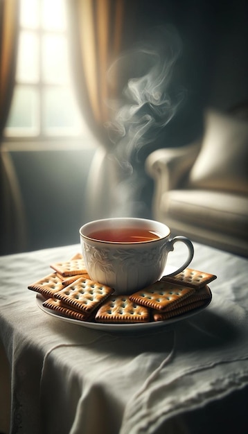 una tazza di tè caldo con cracker sul tavolo