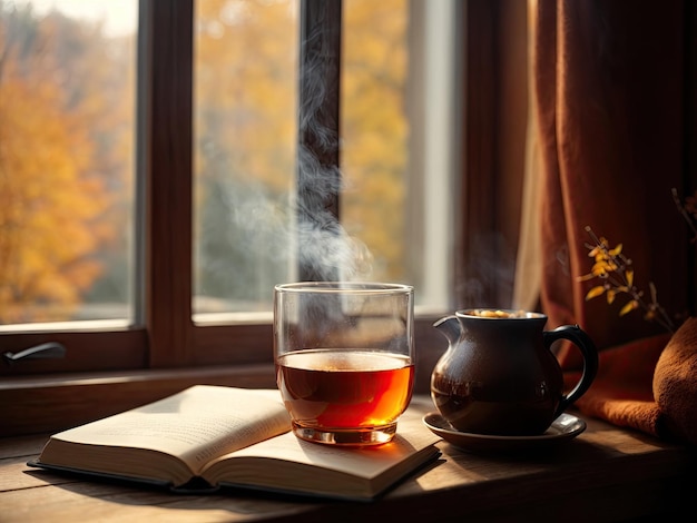 Una tazza di tè caldo con vapore sul davanzale di una finestra di legno accanto c'è un libro la vista dalla finestra è autunno alberi autunnali Atmosfera accogliente e familiare Questa foto è stata generata utilizzando Leonardo AI