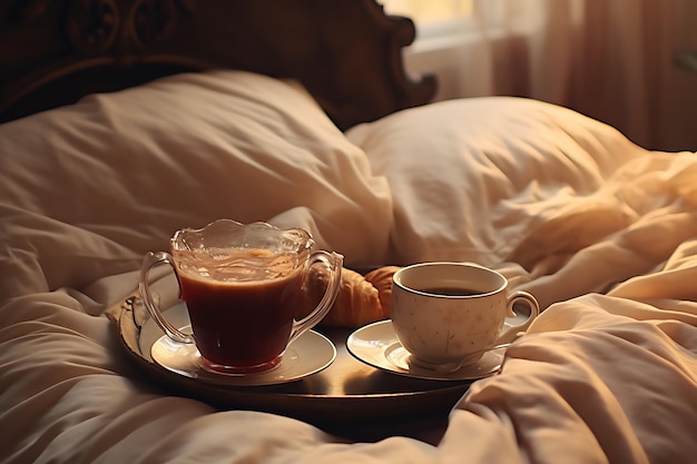 Una tazza di tè caldo e croissant su uno sfondo sfocato a letto