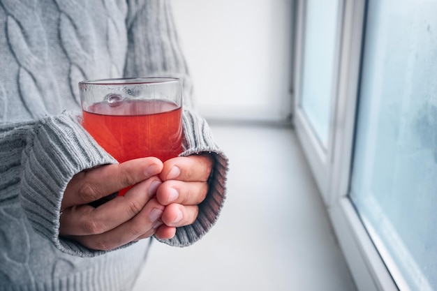 Una tazza di tè caldo in mani femminili vicino alla finestra nella stagione fredda Stile di vita domestico