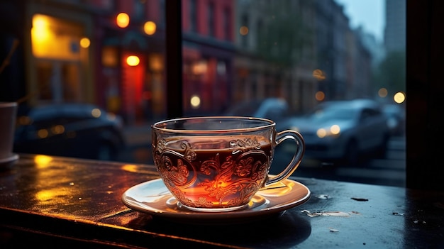 una tazza di tè caldo sul tavolo in un caffè di strada di notte vista sulla città piovosa luce sfocata e case