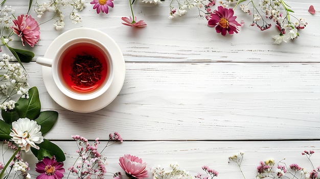 Una tazza di tè circondata da fiori su un tavolo di legno bianco con uno sfondo bianco e alcuni rosa