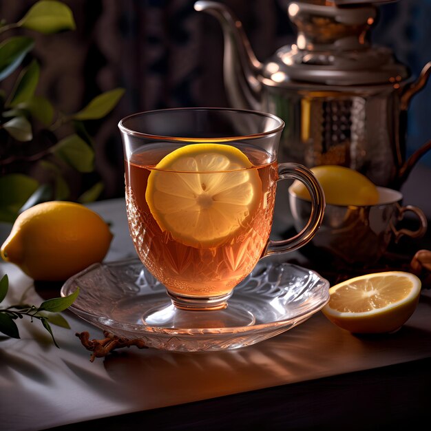 Una tazza di tè con dentro una fetta di limone
