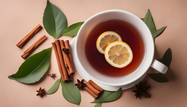 una tazza di tè con fette di limone e bastoncini di cannella