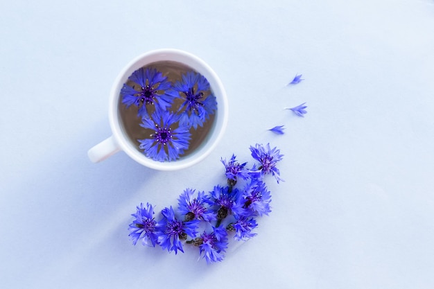 Una tazza di tè con fiordaliso Bellissimi fiori di fiordaliso su sfondo blu copia spazio