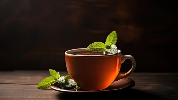 Una tazza di tè con foglie di menta su un piattino