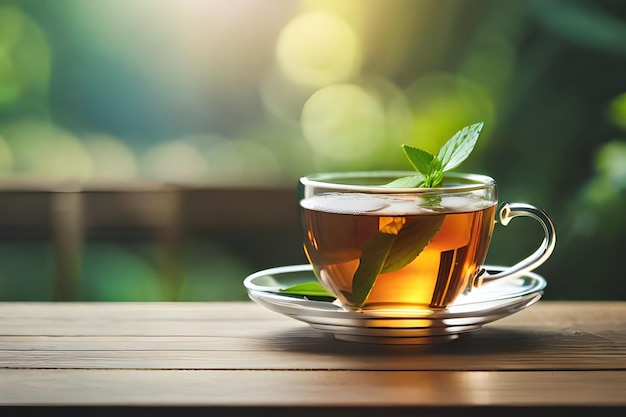 Una tazza di tè con foglie di menta su un tavolo di legno