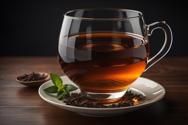 Una tazza di tè con foglie di menta su un tavolo di legno