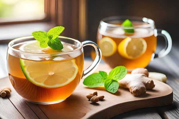 Una tazza di tè con limone e zenzero su una tavola di legno