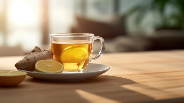 Una tazza di tè con limoni e zenzero su un tavolo di legno