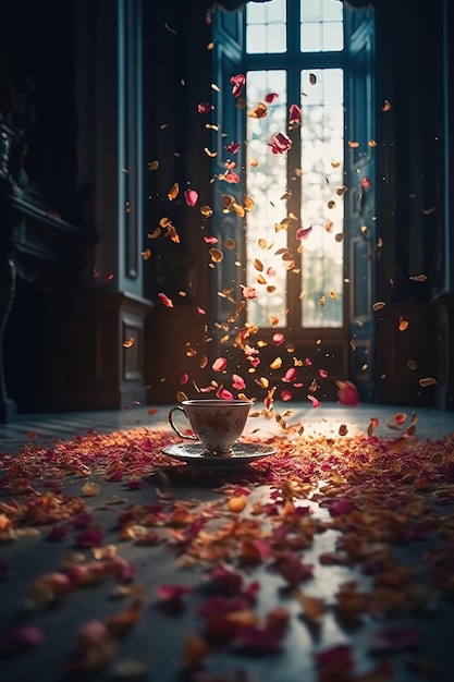 una tazza di tè con petali sul pavimento e una tazza di tè.
