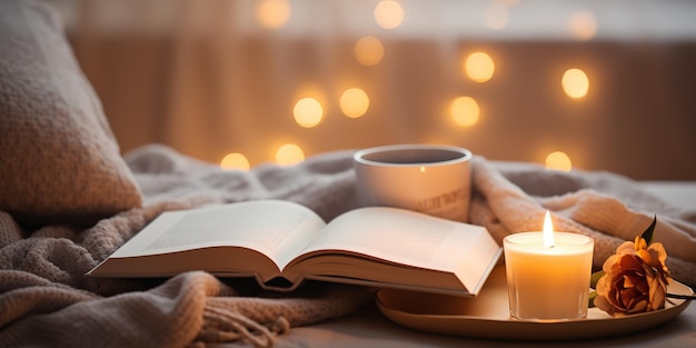 Una tazza di tè con un libro e candele profumate accese su un tavolo di marmo
