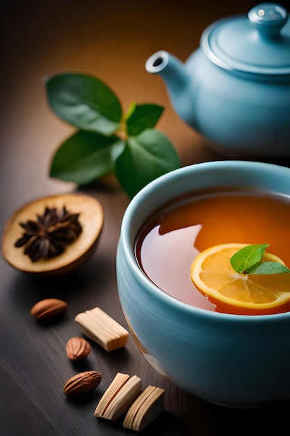 Una tazza di tè con un limone e una fetta di limone