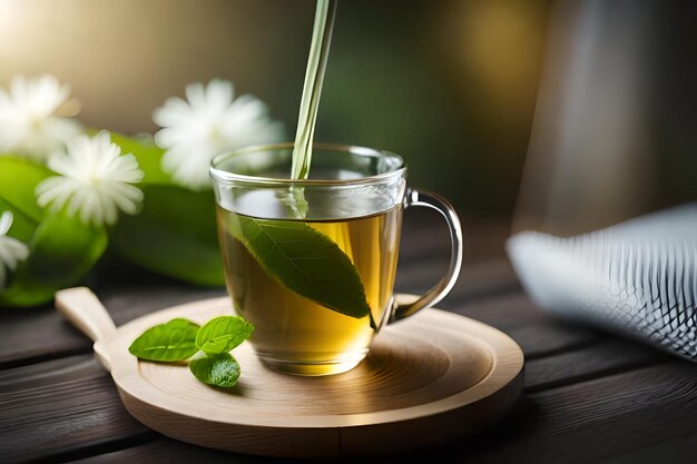 una tazza di tè con un rametto di menta.