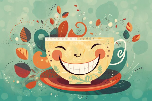 Una tazza di tè con una faccia sorridente e uno sfondo frondoso.